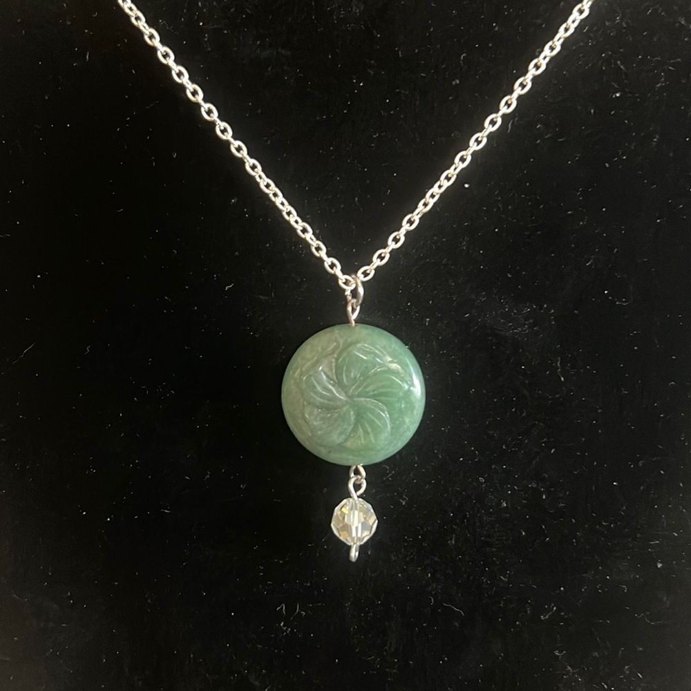 Handcrafted green pendant on a 20 inch silver tone chain